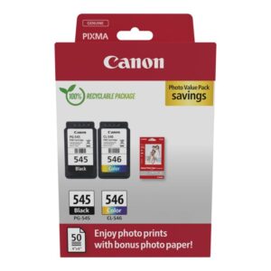 Canon PG-545 / CL-546 Value Pack - Pack de 2 - 8 ml - preto, cor (ciano, magenta, amarelo) - original - caixa pendurada - kit de tinteiro / papel - para PIXMA iP2850, MG2450, MG2550, TR4550, TR4551