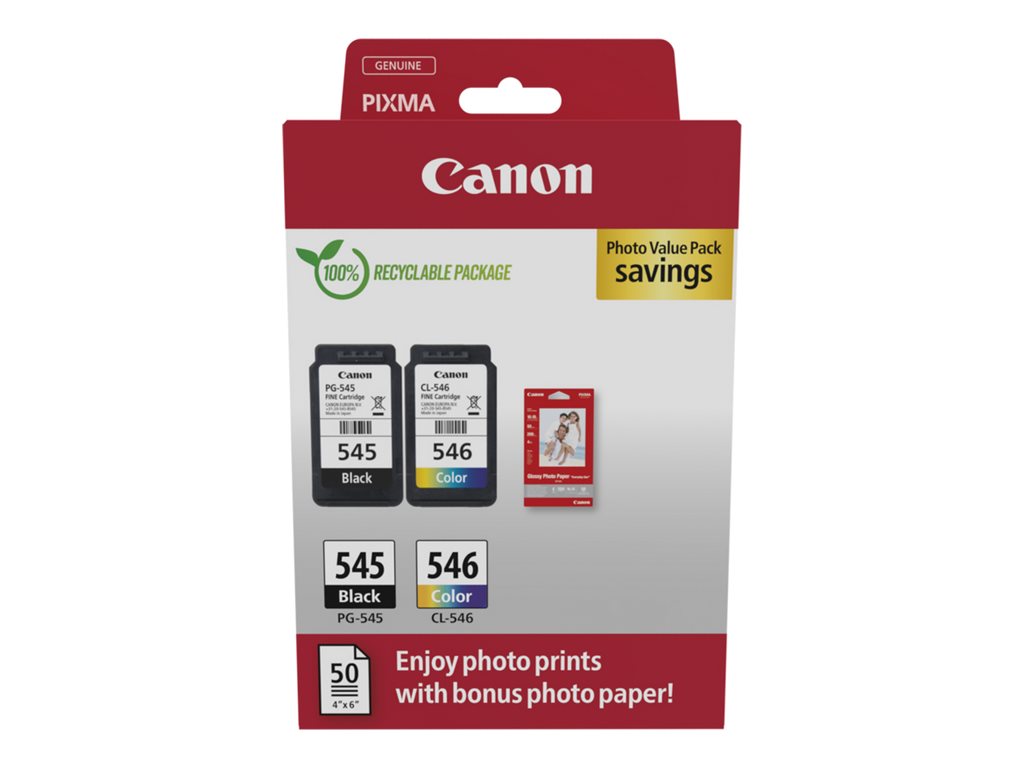 Canon PG-545 / CL-546 Value Pack - Pack de 2 - 8 ml - preto, cor (ciano, magenta, amarelo) - original - caixa pendurada - kit de tinteiro / papel - para PIXMA iP2850, MG2450, MG2550, TR4550, TR4551