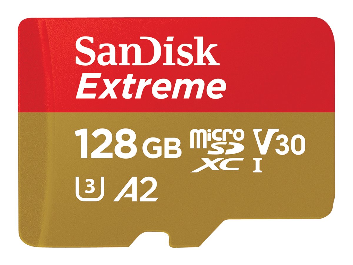 SanDisk Extreme - Cartão de memória flash (adaptador microSDXC para SD Incluído) - 128 GB - A2 / Video Class V30 / UHS-I U3 / Class10 - microSDXC UHS-I