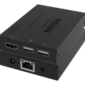 HDMI and USB over IP Receiver - receiver only, transmitter needs to be purchased separately - transmits HDMI one to one or one to many - transmits USB 1.1 - plug and play - IR pass though - if just one receiver you can connect directly and bypass net