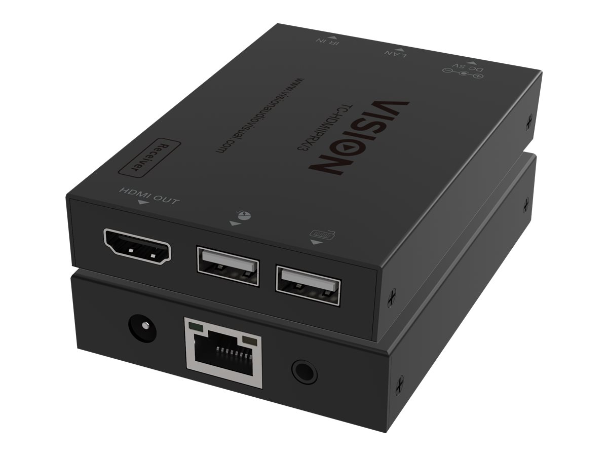 HDMI and USB over IP Receiver - receiver only, transmitter needs to be purchased separately - transmits HDMI one to one or one to many - transmits USB 1.1 - plug and play - IR pass though - if just one receiver you can connect directly and bypass net