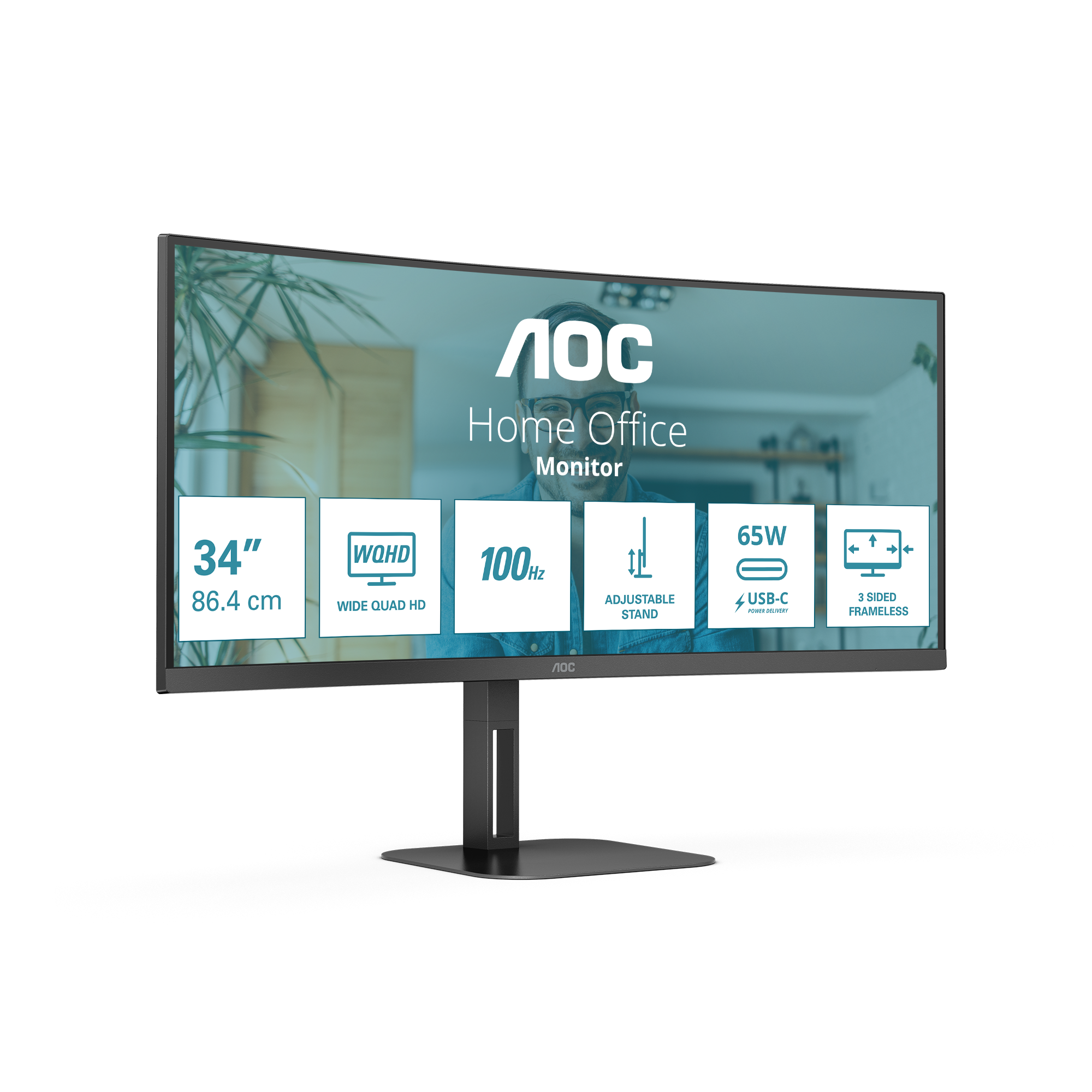 AOC Value-line CU34V5C/BK - V5 series - monitor LED - curvo - 34" - 3440 x 1440 WQHD @ 100 Hz - VA - 300 cd/m² - 3000:1 - 4 ms - HDMI, DisplayPort, USB-C - altifalantes - preto opaco - Image 2