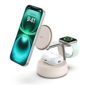 Belkin UltraCharge Pro - Base de carregamento sem fios - 3-em-1, Qi2 + adaptador de energia AC - 25 Watt - Fast Charge - areia