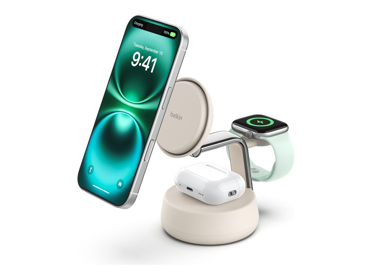 Belkin UltraCharge Pro - Base de carregamento sem fios - 3-em-1, Qi2 + adaptador de energia AC - 25 Watt - Fast Charge - areia