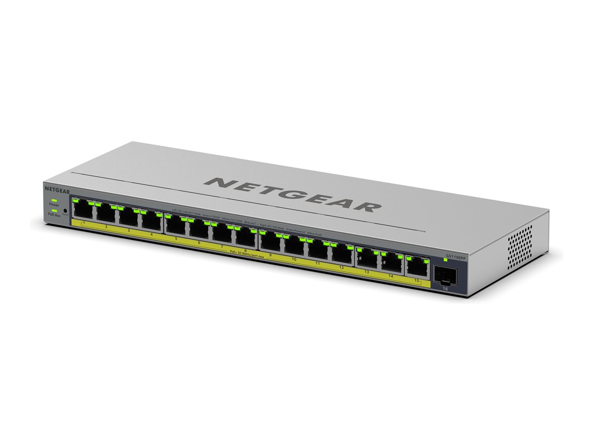 NETGEAR Easy Smart GS116EPP - Interruptor - L3 - inteligente - 1 x 10/100/1000 + 15 x 10/100/1000 (PoE+) - desktop, montável na parede - PoE+ (231 W)