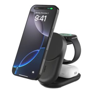 Belkin UltraCharge - Base de carregamento sem fios - 3 em 1, magnético, dobrável, com Qi2 + adaptador de energia AC - 25 Watt - Fast Charge - preto
