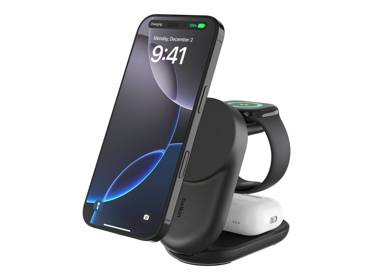 Belkin UltraCharge - Base de carregamento sem fios - 3 em 1, magnético, dobrável, com Qi2 + adaptador de energia AC - 25 Watt - Fast Charge - preto