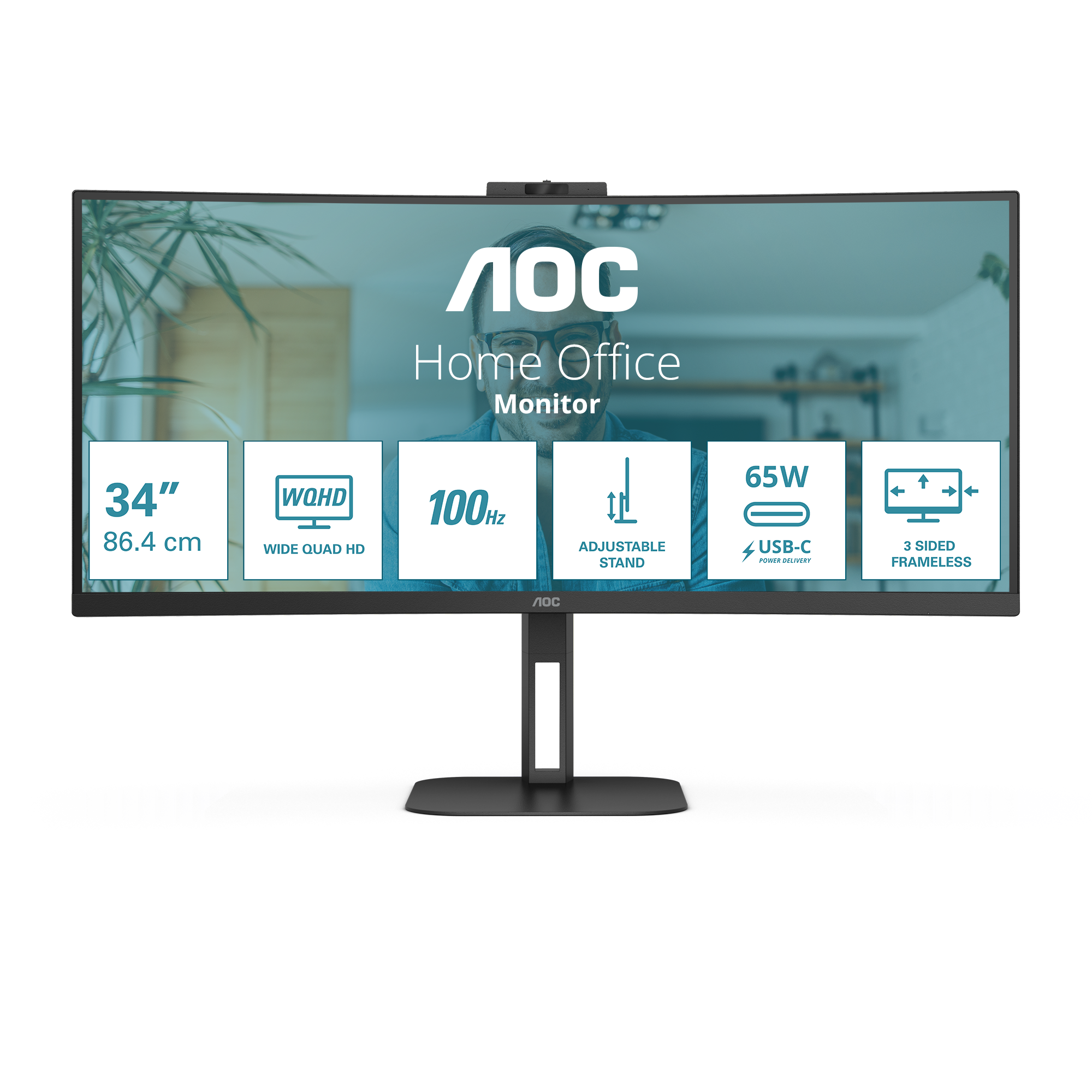 AOC Value-line CU34V5C/BK - V5 series - monitor LED - curvo - 34" - 3440 x 1440 WQHD @ 100 Hz - VA - 300 cd/m² - 3000:1 - 4 ms - HDMI, DisplayPort, USB-C - altifalantes - preto opaco - Image 3