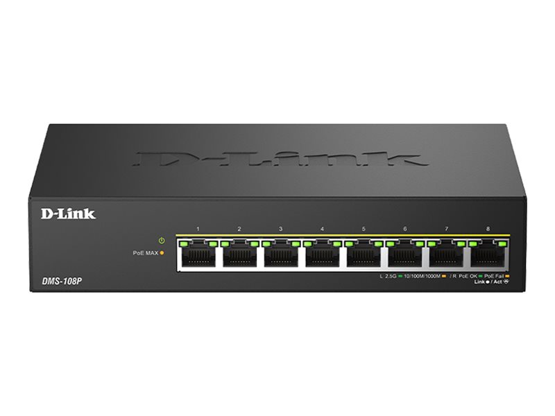 D-Link DMS-108P - Interruptor - sem gestão - 8 x 10/100/1000/2.5G - desktop - PoE+ (230 W)
