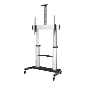 StarTech.com Mobile TV Stand, Heavy Duty TV Cart for 60-100" Display (100kg/220lb), Height Adjustable Rolling Flat Screen Floor Standing on Wheels, Universal Television Mount w/Shelves - W/ 2 equipment shelves carrinho - para painel liso - preto, prata
