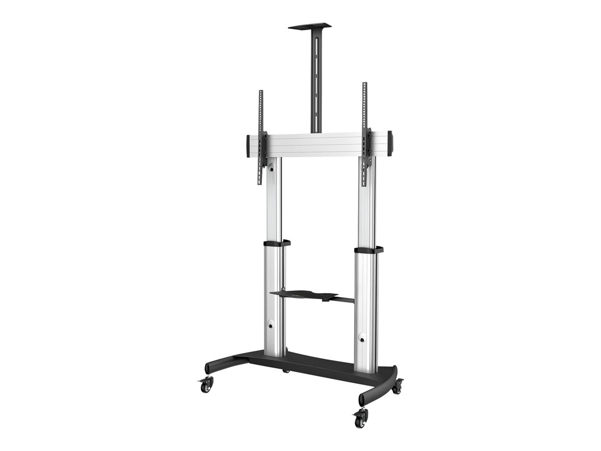 StarTech.com Mobile TV Stand, Heavy Duty TV Cart for 60-100" Display (100kg/220lb), Height Adjustable Rolling Flat Screen Floor Standing on Wheels, Universal Television Mount w/Shelves - W/ 2 equipment shelves carrinho - para painel liso - preto, prata