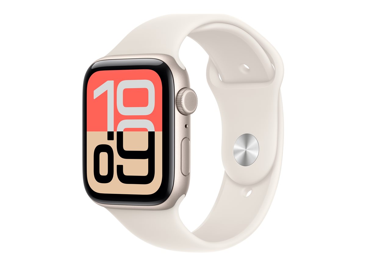 Apple Watch SE 3 (GPS + Cellular) - 44 mm - alumínio estrelado - relógio inteligente Com banda de desporto - fluoroelastómero - luz das estrelas - tamanho da banda: M/L - 64 GB - LTE, Wi-Fi 4, Bluetooth - 5G - 33 g