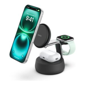 Belkin UltraCharge Pro - Base de carregamento sem fios - 3-em-1, Qi2 + adaptador de energia AC - 25 Watt - Fast Charge - carvão vegetal