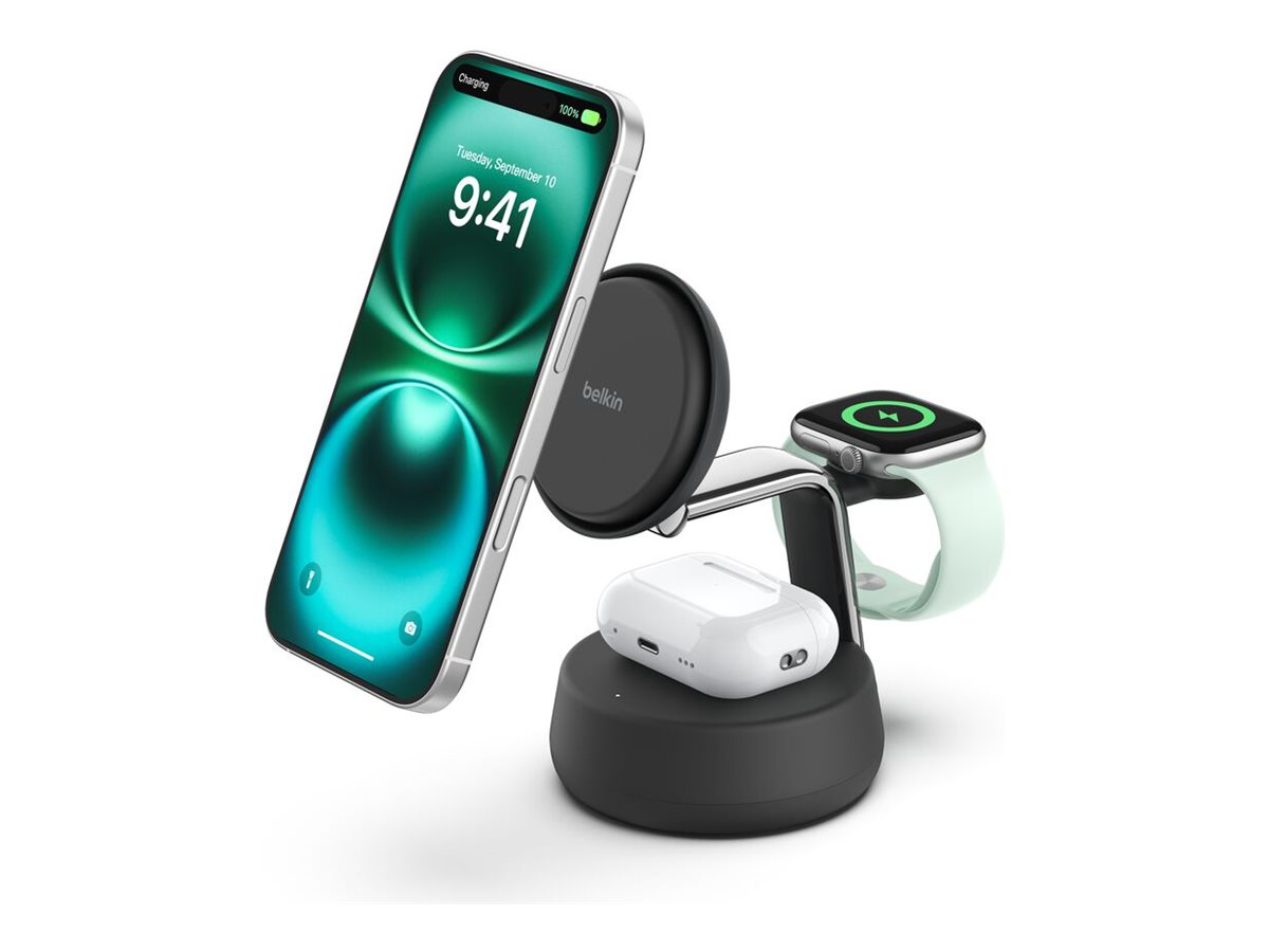 Belkin UltraCharge Pro - Base de carregamento sem fios - 3-em-1, Qi2 + adaptador de energia AC - 25 Watt - Fast Charge - carvão vegetal