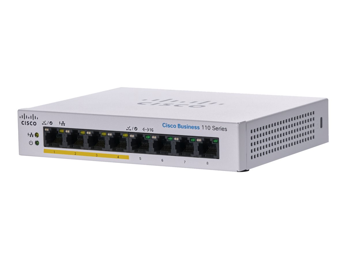 Cisco Business 110 Series 110-8PP-D - Interruptor - sem gestão - 4 x 10/100/1000 (PoE) + 4 x 10/100/1000 - montável em trilho, desktop, montável na parede - PoE (32 W) - alimentação DC