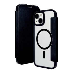 dbramante1928 Helsinki - Capa flip cover para telemóvel - compatibilidade MagSafe - pele vegetariana, plástico - transparente/preto - para Apple iPhone 13, 14, 15, 16e