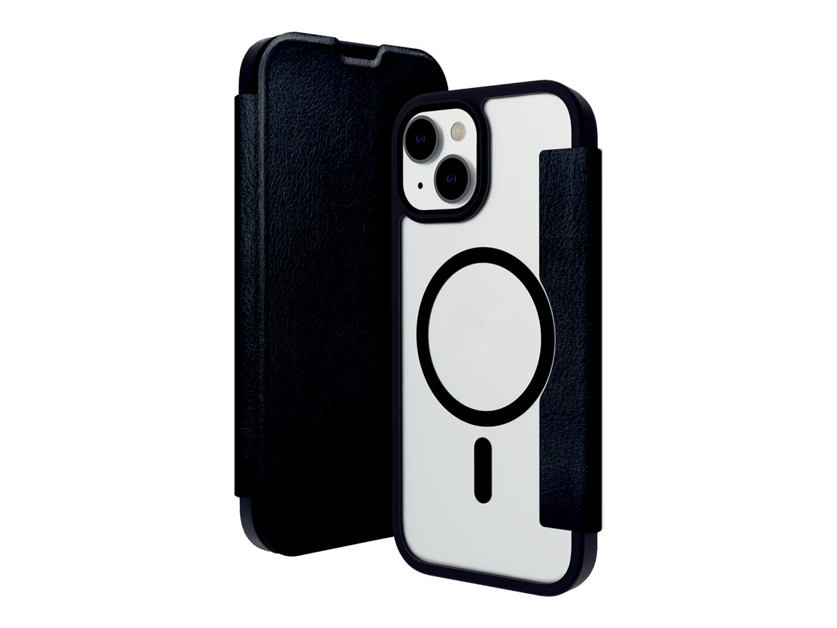 dbramante1928 Helsinki - Capa flip cover para telemóvel - compatibilidade MagSafe - pele vegetariana, plástico - transparente/preto - para Apple iPhone 13, 14, 15, 16e