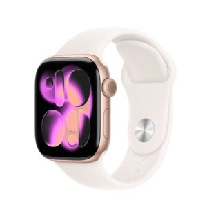 Apple Watch Series 11 (GPS + Cellular) - 42 mm - alumínio dourado rosa - relógio inteligente Com banda de desporto - fluoroelastómero - rosado claro - tamanho da banda: S/M - 64 GB - LTE, Wi-Fi 4, UWB, Bluetooth - 5G - 29.7 g