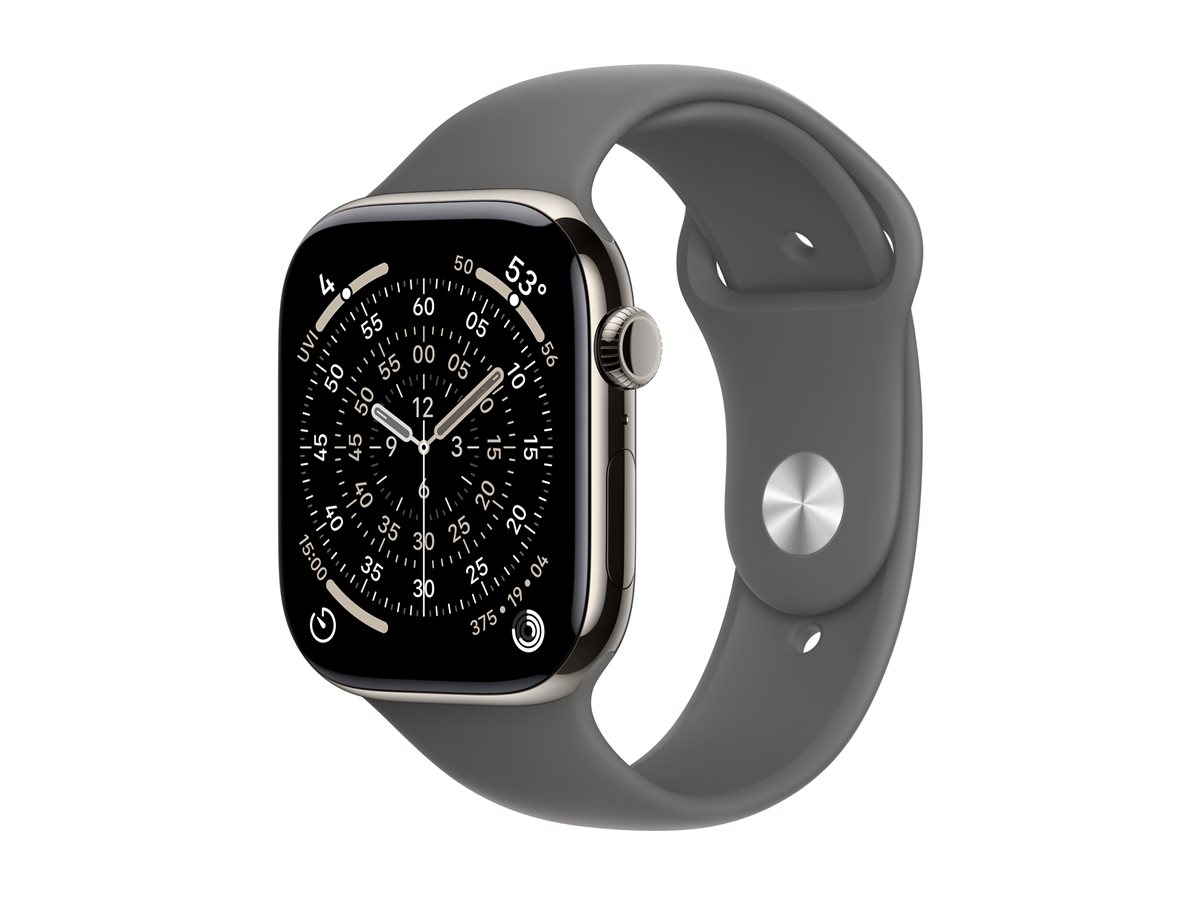 Apple Watch Series 11 (GPS + Cellular) - 46 mm - titanium natural - relógio inteligente Com banda de desporto - fluoroelastómero - cinzento pedra - tamanho da banda: M/L - 64 GB - LTE, Wi-Fi 4, UWB, Bluetooth - 5G - 43.1 g
