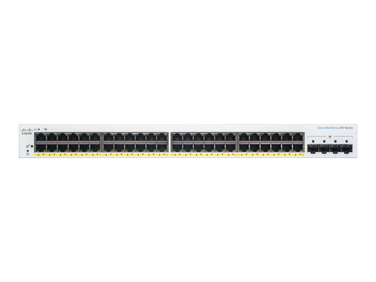 Cisco Business 220 Series CBS220-48P-4G - Interruptor - inteligente - 48 x 10/100/1000 (PoE+) + 4 x Gigabit SFP (ligação ascendente) - montável em trilho - PoE+ (382 W)