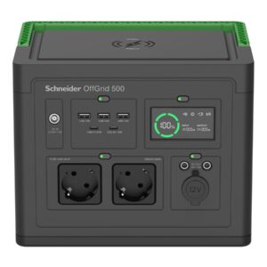 Schneider OffGrid 500 - Central elétrica portátil - LCD, íon de lítio, 2 tomadas CEE 7/3 schuko, onda senoidal, 3 USB-A, 2 USB-C, carregador wireless - AC 195 - 265 / DC 12 -30 V - 500 Watt - Lithium Ion - 517 Wh - conectores de saída: 2 - preto, ver