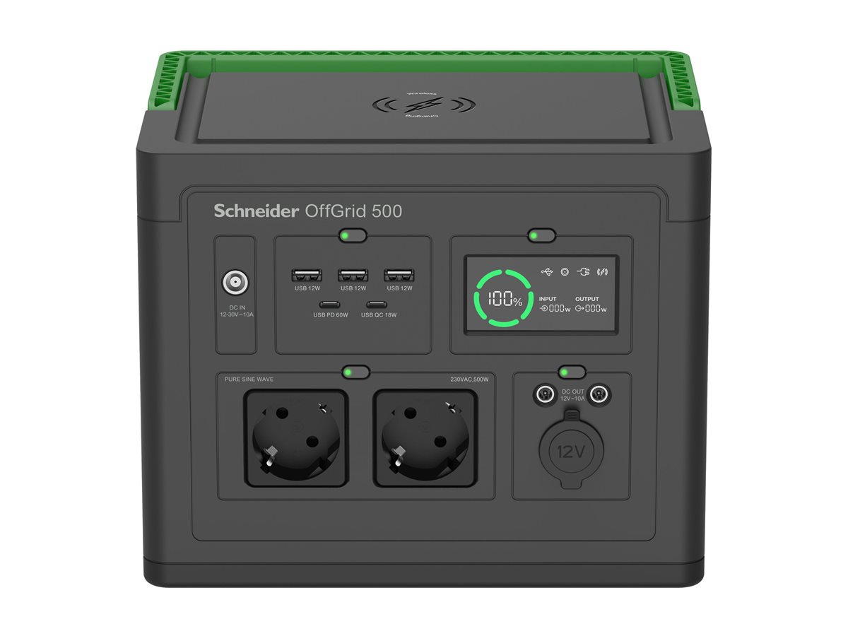 Schneider OffGrid 500 - Central elétrica portátil - LCD, íon de lítio, 2 tomadas CEE 7/3 schuko, onda senoidal, 3 USB-A, 2 USB-C, carregador wireless - AC 195 - 265 / DC 12 -30 V - 500 Watt - Lithium Ion - 517 Wh - conectores de saída: 2 - preto, ver