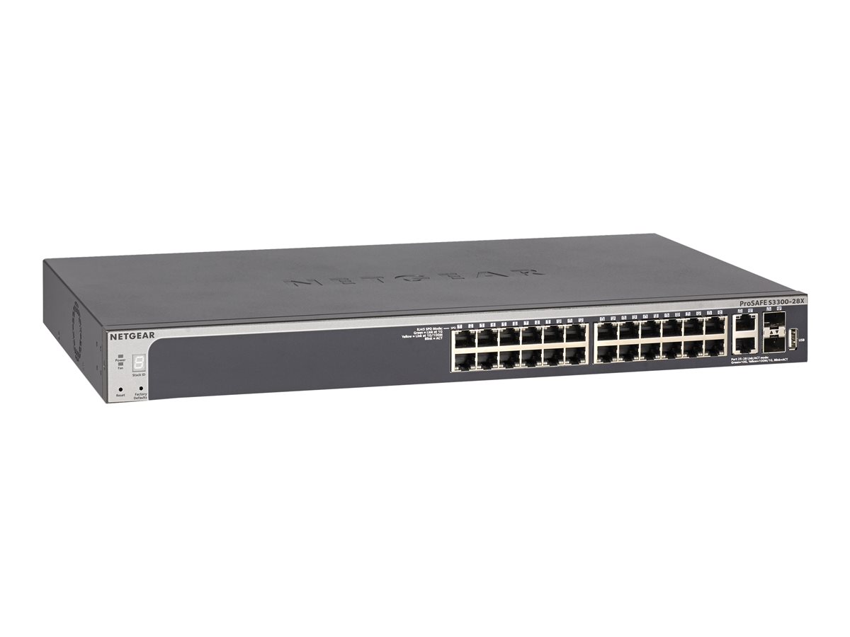 NETGEAR Smart S3300-28X - V3 - interruptor - L3 Lite - inteligente - 24 x 10/100/1000 + 2 x 10Gb Ethernet + 2 x 10Gb Ethernet SFP+ - desktop, montável em trilho