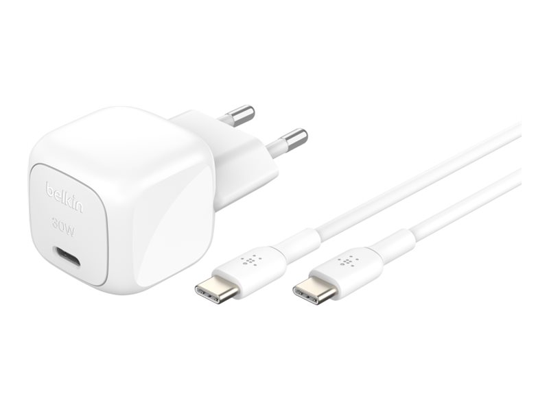 Belkin BoostCharge - Adaptador de alimentação - compacto - 30 Watt - Fornecimento de Energia 3.1 (USB-C) - no cabo: USB-C - com Cabo USB-C (1m)