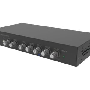 Low impedance audio amplifier - 2 x 50w (RMS at 8 ohms) - RS232 - bluetooth (renameable, set pin) - 4 x inputs each either line-level or mic (balanced with trim adjustment and switchable phantom power) - pre-mix line out - rack mount - can drive two