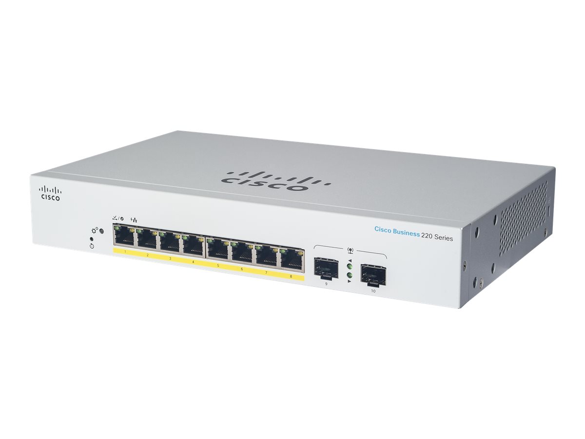 Cisco Business 220 Series CBS220-8T-E-2G - Interruptor - inteligente - 8 x 10/100/1000 + 2 x Gigabit SFP (ligação ascendente) - montável em trilho