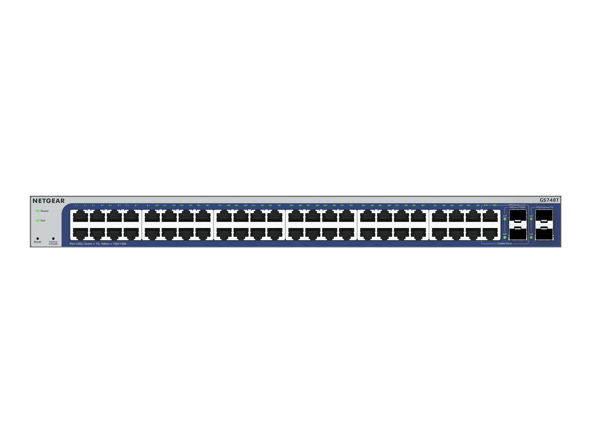 NETGEAR GS748T - V6 - interruptor - L3 Lite - inteligente - 48 x 10/100/1000 + 2 x Gigabit SFP + 2 x combo Gigabit SFP - desktop, montável em trilho