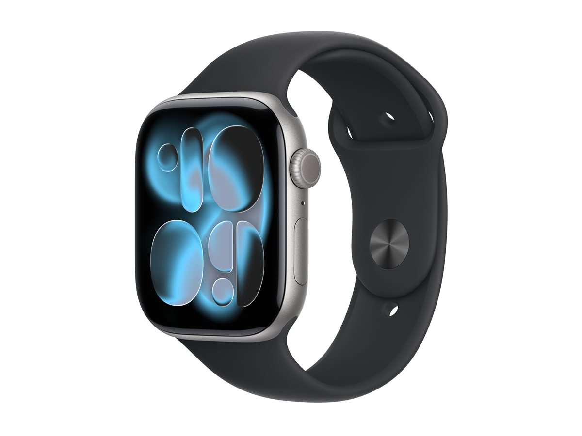 Apple Watch Series 11 (GPS) - 46 mm - alumínio cinzento espaço - relógio inteligente Com banda de desporto - fluoroelastómero - preto - tamanho da banda: S/M - 64 GB - Wi-Fi 4, UWB, Bluetooth - 37.8 g