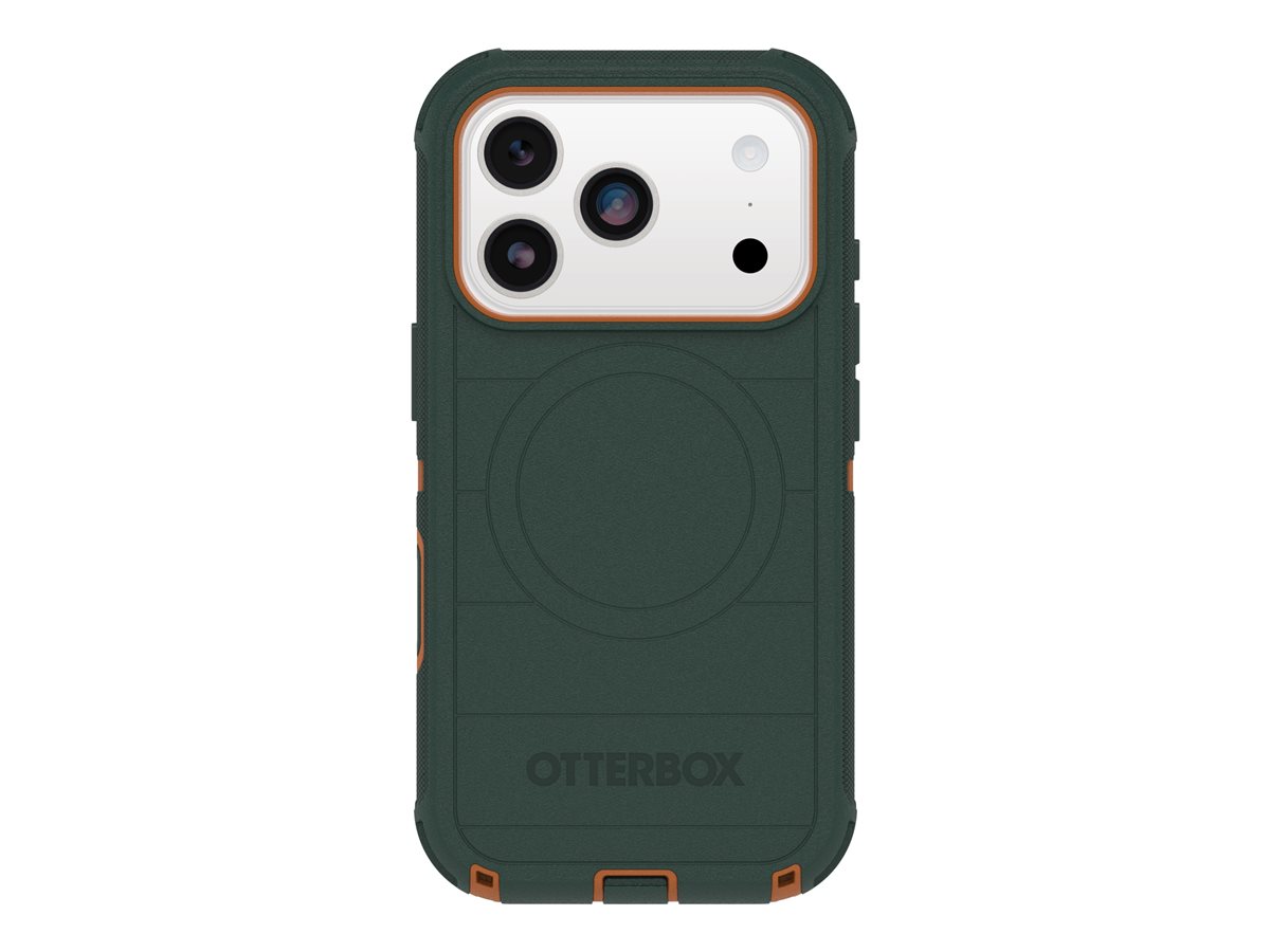 OtterBox Defender Series Pro - Tampa posterior para telemóvel - resistente - compatibilidade MagSafe - policarbonato, elastómero termoplástico (TPE), silicone, espuma visco-elástica - intriga verde - para Apple iPhone 17 Pro