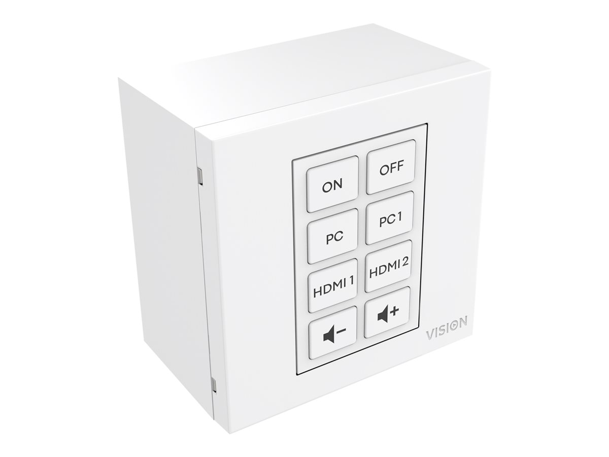 Modular AV faceplate control module - 8 buttons - learns ir remote control codes from other remotes - supports RS232, 12v trigger, scheduling - multiple commands per button - double-space module - 1 gang UK surround and backbox included - white