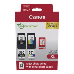 Tinteiro Original Canon PG-560XL + CL-561XL Multipack Alta Capacidade/ Preto/ Tricolor + Papel Fotográfico