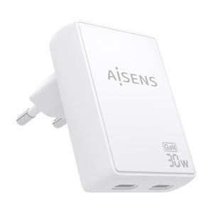 Cargador de Pared GaN Aisens ASCH-30W2P075-W/ 2xUSB Tipo-C/ 30W/ Blanco