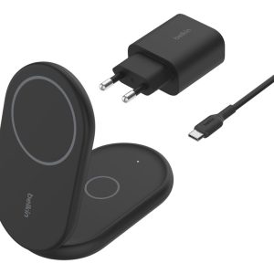 Belkin BoostCharge 2-in-1 - Base de carregamento sem fios - magnético, dobrável, com Qi2 + adaptador de energia AC - 15 watt - Fast Charge - preto - para Apple iPhone 12, 13, 14, 15, 16