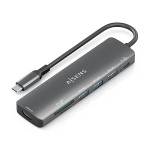 Docking USB Tipo-C Aisens ASUC-7P025-GR/ 1xHDMI 4K/ 3xUSB/ 1xUSB Tipo-C PD/ 1xLector Tarjetas/ Gris