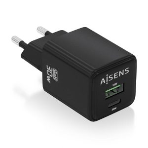 Cargador de Pared GaN Aisens ASCH-30W2P038-BK/ 1xUSB Tipo-C/ 1xUSB/ 30W