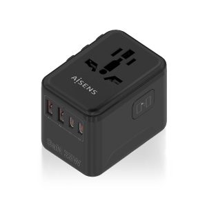 Cargador de Pared Universal GaN para Viaje Aisens ASPS-2A2C08-BK/ Toma de Corriente Universal/ 2xUSB Tipo-C/ 2xUSB/ 25W