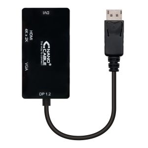 Cable Conversor Nanocable 10.16.3301-BK/ Displayport Macho - VGA Hembra/ DVI Hembra/ HDMI Hembra/ 15cm/ Negro
