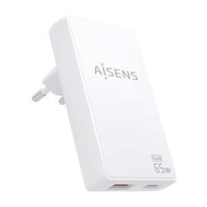 Cargador de Pared GaN Aisens ASCH-65W2P076-W/ 1xUSB Tipo-C/ 1xUSB/ 65W/ Blanco
