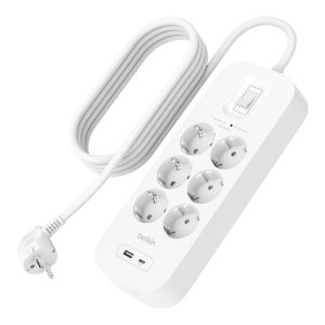 Belkin Connect - Protector contra picos de corrente - com portas USB-C e USB-A - conectores de saída: 6 - 2 m cabo