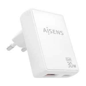 Cargador de Pared GaN Aisens ASCH-30W2P074-W/ 1xUSB Tipo-C/ 1xUSB/ 30W/ Blanco