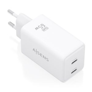 Cargador de Pared GaN Aisens ASCH-65W2P078-W/ 2xUSB Tipo-C/ 65W/ Blanco
