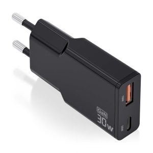 Cargador de Pared GaN Aisens ASCH-30W2P047-BK/ 1xUSB Tipo-C/ 1xUSB/ 30W/ Negro