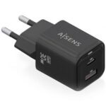 Carregador de Parede GaN Aisens ASCH-30W2P021-BK/ 1xUSB Tipo-C/ 1xUSB/ 30W
