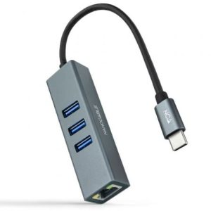 Hub USB Tipo-C Nanocable 10.03.0408 com 3×USB e RJ45