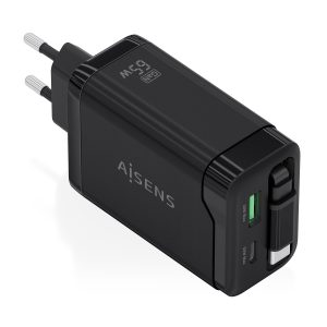 Cargador de Pared GaN Aisens ASCH-65W3P071-BK/ 1xUSB Tipo-C/ 1xUSB/ 65W/ Negro