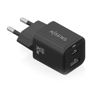 Cargador de Pared GaN Aisens ASCH-30W2P021-BK/ 1xUSB Tipo-C/ 1xUSB/ 30W